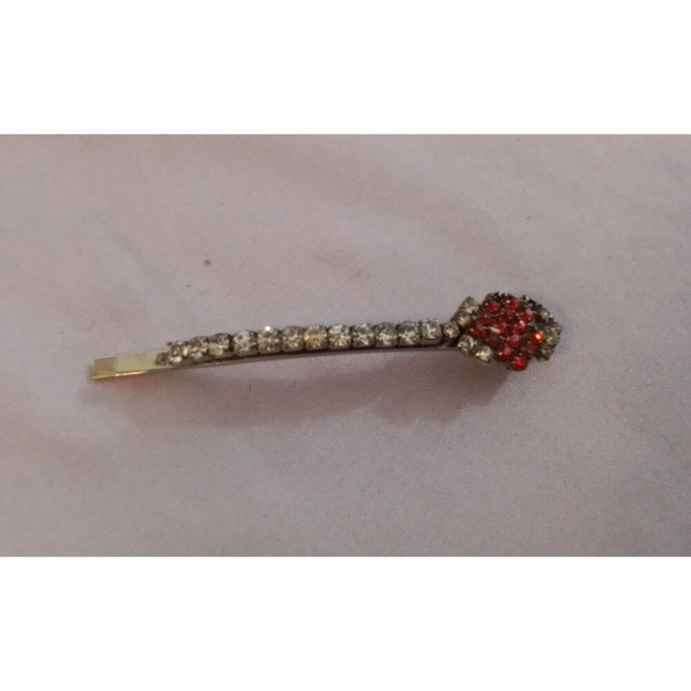 Vintage Rhinestone Hair Bobby Pin Clip With Red & Clear Stones Elegant Design